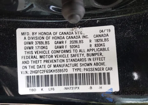2019 Honda Civic Lx from USA, damaged, VIN 2HGFC2F65KH559570